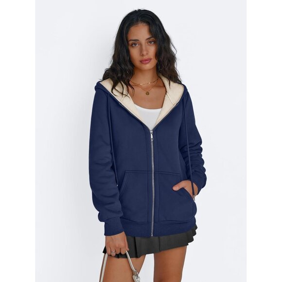 Womens Navy Fleece Lined Zip Up Hoodie Jacket Winter Sweatshirt Fall Coat - Picture 2 of 5